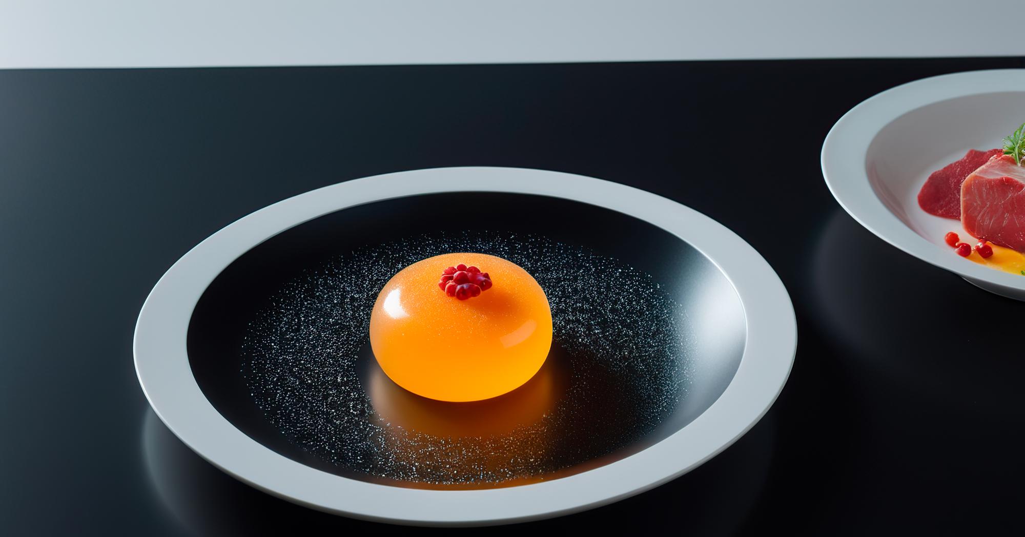 close-up of plated modern cuisine on white surface